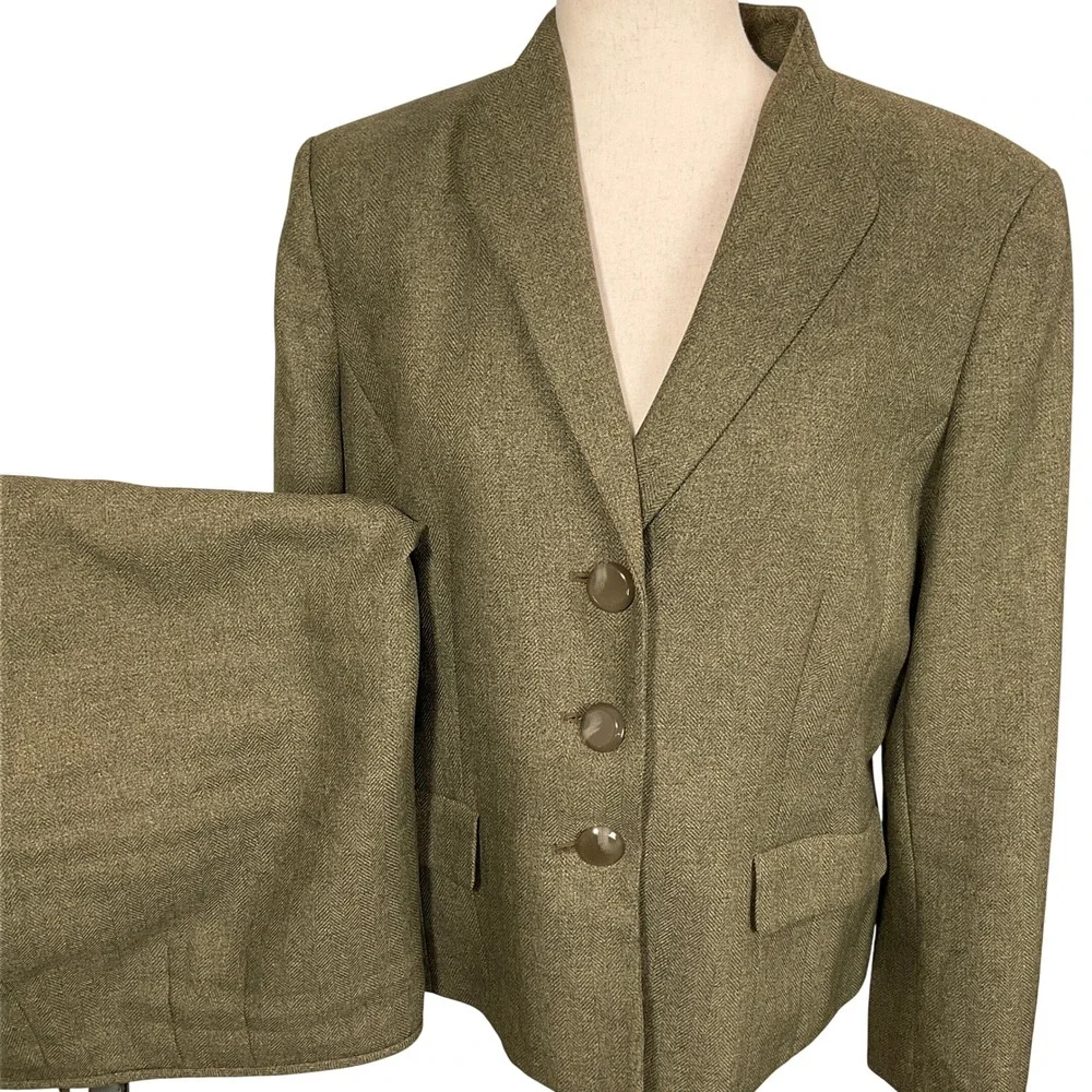 Le Suit Skirt Set Women 14 Olive Green Herringbone‎ Minimalist Career Structured
